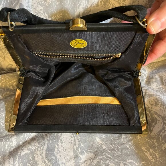 Rare VTG 1950's GARAY Black Damask Frame Handbag Double strap with bow- preowned - Picture 6 of 9
